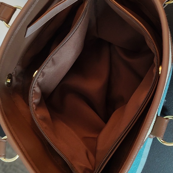 New Multi Turquoise & Blue Striped Shoulder Bag w/ Faux Leather Straps & Bottom - Picture 6 of 7